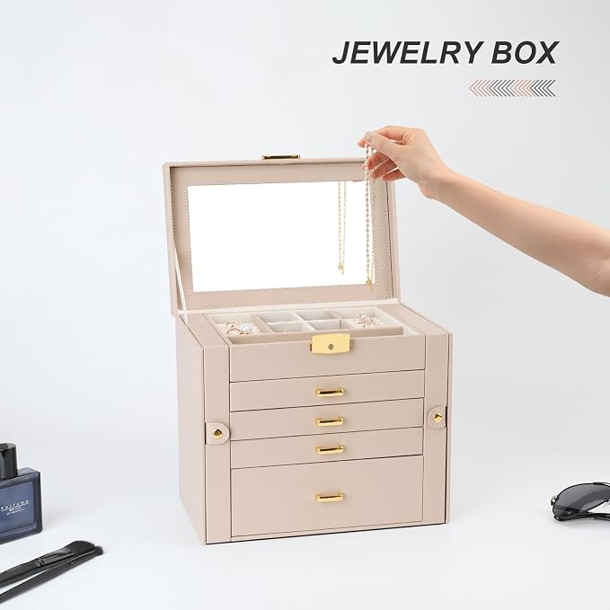 Jewelry Box for Women, 5-Layer Jewelry Organizers Box, Large Jewelry Storage Box for Girls, Jewelry Holder Organizers Gift for Valentine's Day, Christmas (Apricot) - Image 5