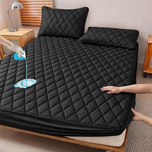 Waterproof Quilted Mattress Protector, Black, Deep Pocket 15 Inch, Soft Fabric, Machine Washable, 360° Full Coverage (Black, Twin)