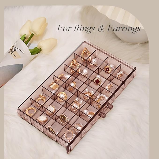 YUFONG Earring Storage Box Organizer 3 Drawers Acrylic Jewelry Storage Box Holder Transparent Jewelry Display Stand with 72 Small Compartments Gift for Women Girls (Clear Purple Brown) - Image 5