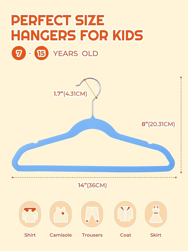 HOUSE DAY 14 Inch Kids Velvet Hangers 50 Pack, Durable Big Kids Hanger for Youth, Non Slip Kid Felt Hangers, Cute Childrens Hanger for Closet, Blue - Image 8