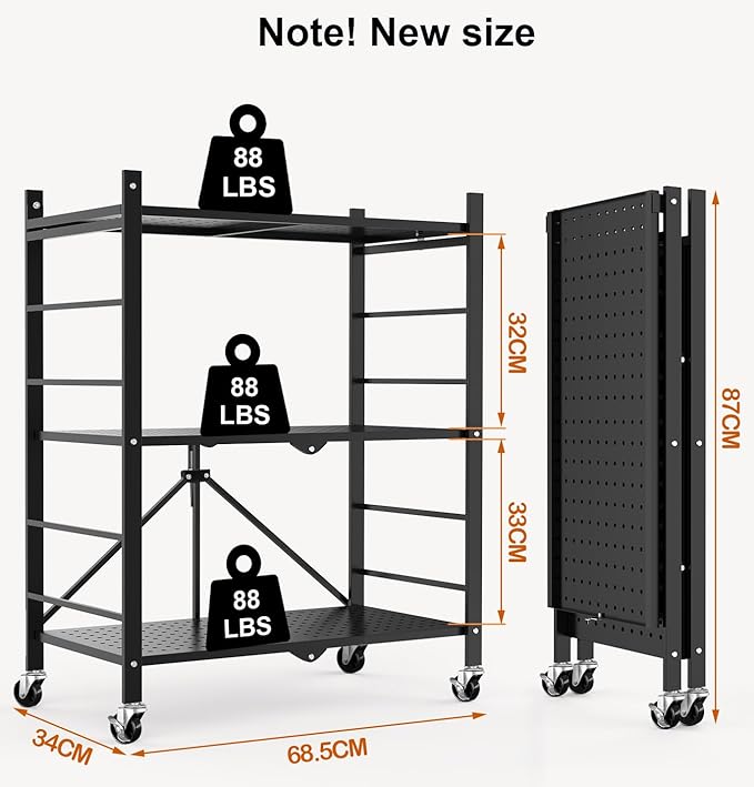 Himix Storage Shelves with 6 Hooks, 3 Tier Foldable Shelf with Wheels, Metal Storage Shelving Unit Rolling Cart, Utility Shelf Rack Organization Shelves for Pantry, Kitchen, Black - No Assembly - Image 3