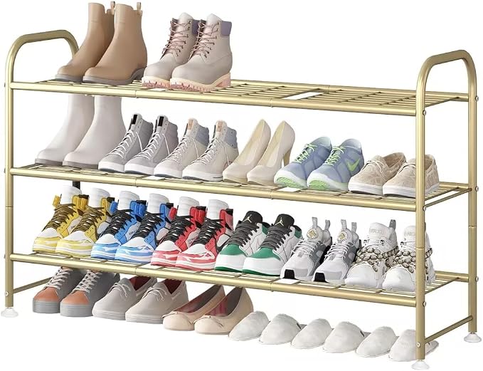 LINZINAR Shoe Rack Long 3 Tier Shoe Storage Organizer Metal Wide Shoe Shelf for Closet Entryway Bedroom 24 Paris Large Capacity, Gold by LINZINAR