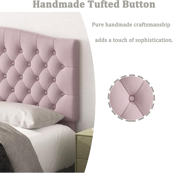 Befurtori Queen Headboard Only, Upholstered Headboard for Adjustable Bed Velvet Tufted Queen/Full Size Wall Mounted Head Board with Solid Wood Legs Head Board, Pink