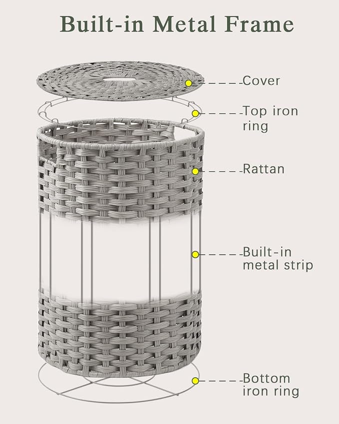 SETVSON Laundry Hamper with Lid Laundry Basket with Lid 19.0 Gal (72 L) Round Laundry Basket Handwoven Rattan Basket with Lid Removable Bag 2 Mesh Bags Handles for Living Room Bathroom Gray - Image 8