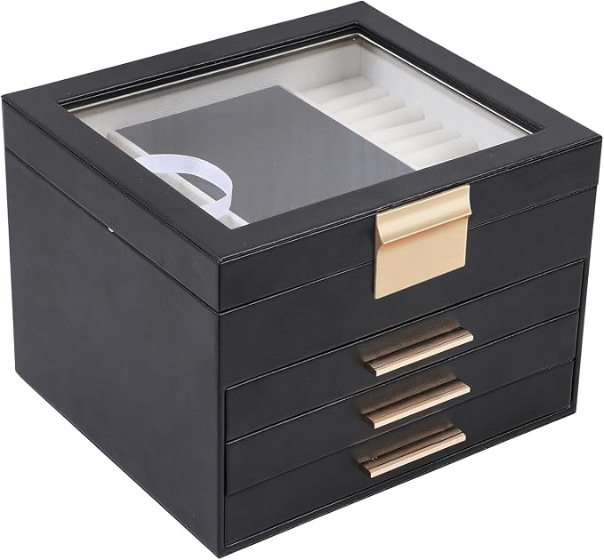 BOOVO Clear Lid Jewelry Box,4 Layers Jewelry Organizer Large Jewelry Storage Box with 3 Drawers,Jewelry Holder Organzier of Rings Earrings Necklace Bracelets for Women (Black, 4 Layer) by BOOVO