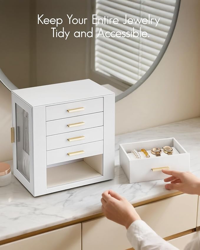 VLANDO 360° Rotating Jewelry Box with 5 Drawers, Large Jewelry Storage with 2 Glass Window, PU Leather Jewelry Organizer for Bracelets, Necklaces, Earrings, Rings - White - Image 7