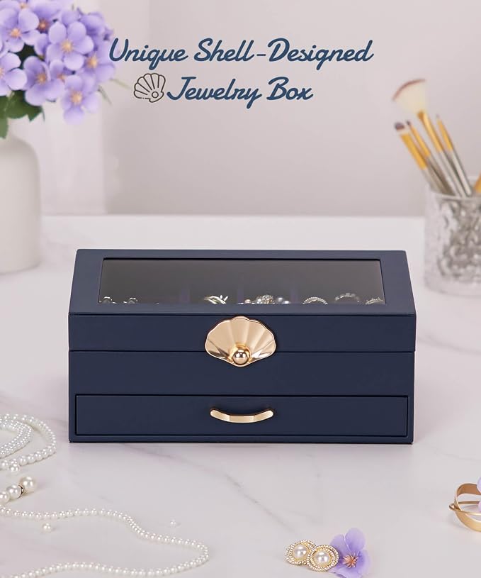 Enthralite Jewelry Box with 1 Drawers: Display Organizer for Earrings Necklaces - Gifts for Girls Women (Dark Blue) - Image 3