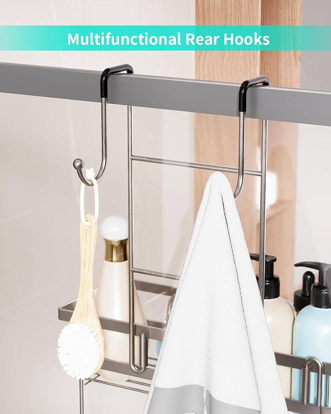 HapiRm Shower Caddy over Door- Hanging Shower Organizer with 14 Hooks and Soap Holder, Rustproof & Waterproof Stainless Steel Bathroom Shelf - Brushed Nickel - Image 5