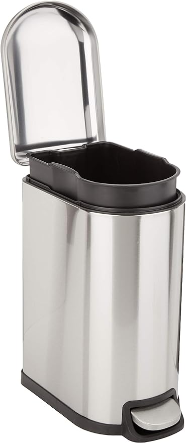 Amazon Basics D-Shaped Small Trash Can with Soft-Close Step Pedal, Removable Inner Bucket, Carrying Handle, Smudge Resistant, 10 l / 2.6 gallon, Silver by AmazonBasics