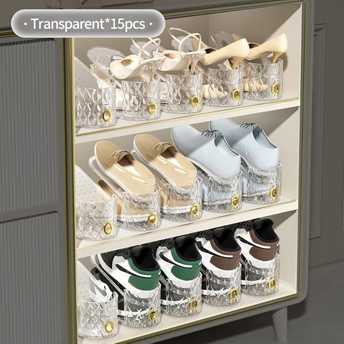 Shoe Slots Organizer, 15 Pack - Adjustable Shoe Stacker for Closet Storage, Clear Double Layer Space Saver, Durable and Stackable Shoe Holder for Sneakers Heels and Flat - Image 6