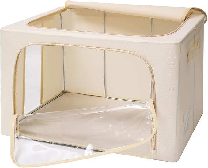 CYhom 3Pack Frame Storage Box - Clothes Storage Bin Bags Oxford Fabric Foldable Stackable Container Organizer Set with Clear Window & Carry Handles (Beige, X-Small-36L) - Image 8