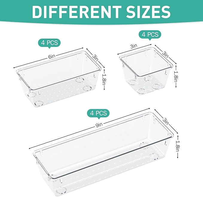 WOWBOX 9 Pack Clear Drawer Organizer Set, Acrylic Drawer Storage Trays, Storage Bins for Makeup, Cosmetics, Jewelries, Utensils, Gadgets, Office - Image 2