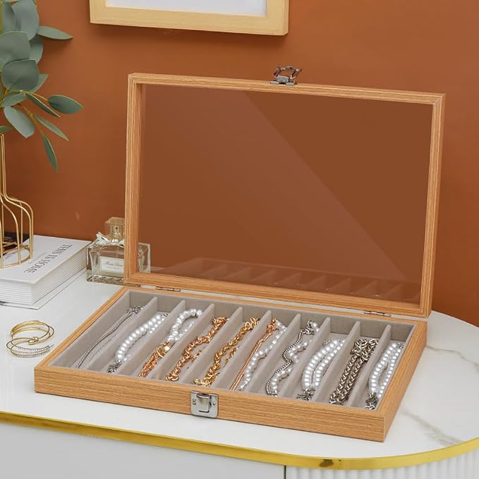 Glass Lid Necklace Organizer Box Transparent Necklace Holder Organizer Velvet Necklace Display Box Clear Lid Jewelry Storage Stackable Necklace Display Case for Women Girls (Style A) - Image 4