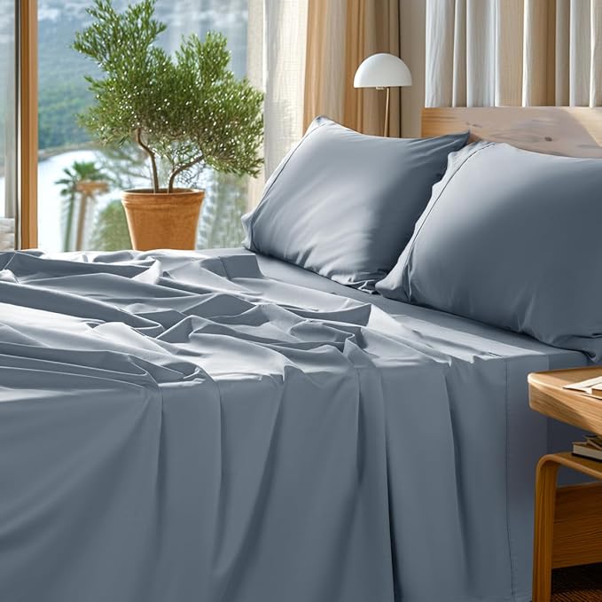 SONORO KATE 100% Egyptian Cotton Sheets Set - 1000 High Thread Count, Luxury 5-Star Hotel Sateen Bed Sheets, Soft, Breathable Long Staple Sheets, Fit up to 16" - 4 PC (French Blue,Queen)
