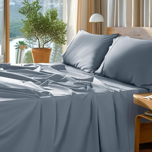 SONORO KATE 100% Egyptian Cotton Sheets Set - 1000 High Thread Count, Luxury 5-Star Hotel Sateen Bed Sheets, Soft, Breathable Long Staple Sheets, Fit up to 16" - 4 PC (French Blue,Queen)