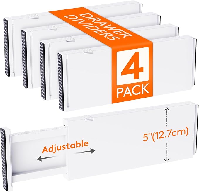 Lifewit 4 Pack 5" High Drawer Dividers 34-56cm/13.5-22" Adjustable Drawer Organizer for Clothes/Utensils, Expandable Drawer Separator in Dresser/Kitchen/Bedroom/Office Organization & Storage White by Lifewit