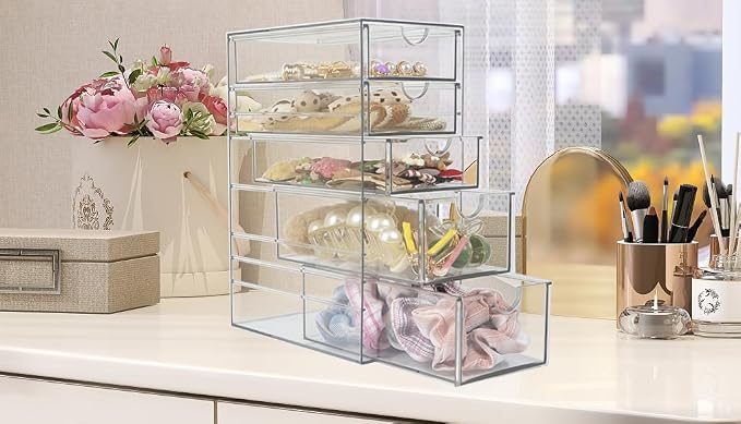 Plastic Drawer Storage with 5 Different Sizes Drawers, Clear Light Gray Hair Accessories Organizer, Transparent Dresser Bathroom Organizer - Image 5