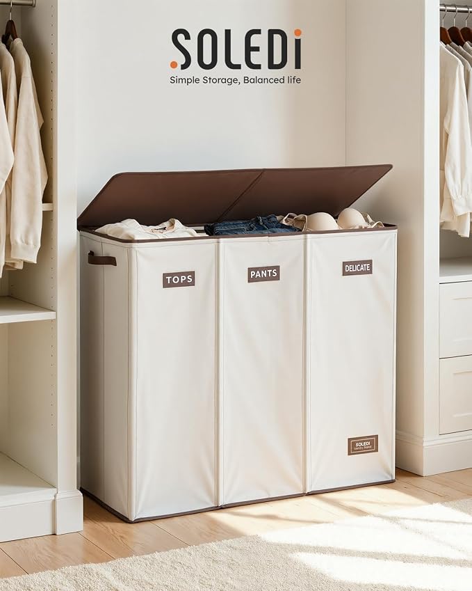 SOLEDI 200L 3-Section Laundry Hamper with Lid, Extra Large Dirty Clothes Basket with Sturdy Handles for Laundry Room & Bedroom - Durable Organizer for Sorting Laundry - Image 5
