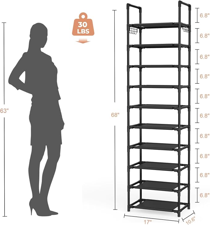 LANTEFUL 10 Tiers Shoe Rack 25 Pairs Large Capacity Tall Shoe Organizer Sturdy Shoe Storage with Two Hooks Space Saving Metal Narrow Shoe Rack for Closet, Entryway, Bedroom, Black - Image 3