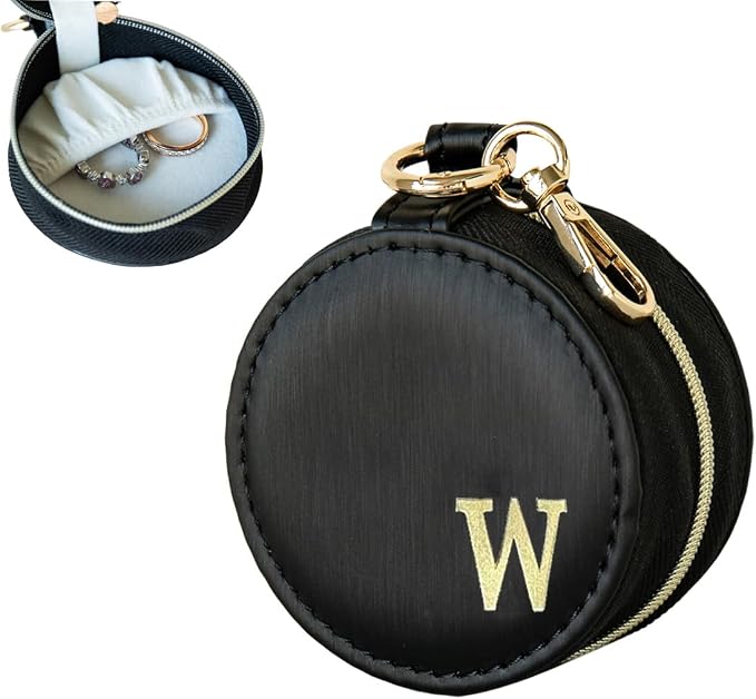 COLLECTIVE HOME - Monogrammed Letter Jewelry Case, Portable Travel Ring Holder Box with Keychain, Personalized Initial Organizer for Earrings Necklaces, Gift for Her (Black-w) by COLLECTIVEHOME