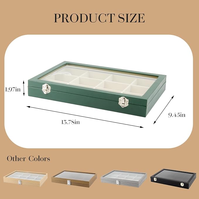 KOOAAICCHI Jewelry Tray Organizer with Clear Lid - 12 Grid Storage Display Case with Lock Earring Ring Organizer Showcase Gifts for Women-Green - Image 6