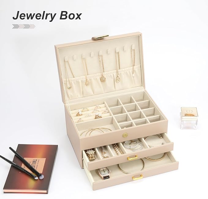 3-Layer Jewelry Box with 2 Drawers, Large Capacity Jewelry Holder Box for Women Girls, Best Gifts for Christmas Valentine's Day New Year.(Apricot) - Image 5
