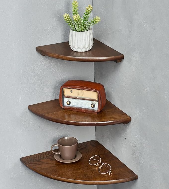 Corner Shelves, Floating Corner Shelf, Set of 3 Solid Oak Wood Corner Wall Shelves, Round End with Wire Hole Shelving for Small Plant for Bedroom Kitchen, Living Room (Size 9/10/12in) by Coamily