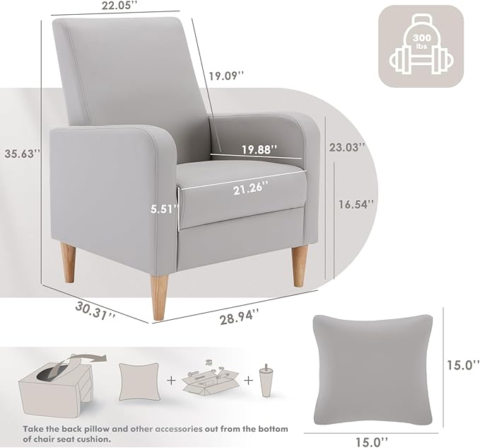COLAMY Faux Leather Accent Living Room Chairs Set of 2, Upholstered Arm Chair Reading Side Chair, Single Sofa with Back Pillow and Wood Legs, Light Grey
