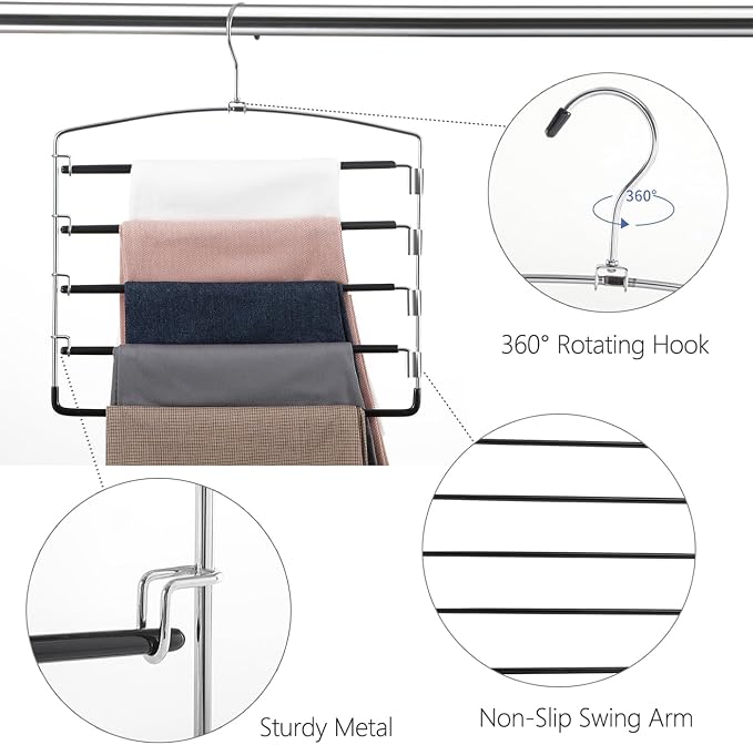 FeeraHozer Pants Hangers Non Slip 6 Pack Space Saving Hangers Multi-Layer Swing Arm Pants Hanger Stainless Steel Space Saver Hanger for Jeans Scarf Trouser Towel Clothes (Black) - Image 5