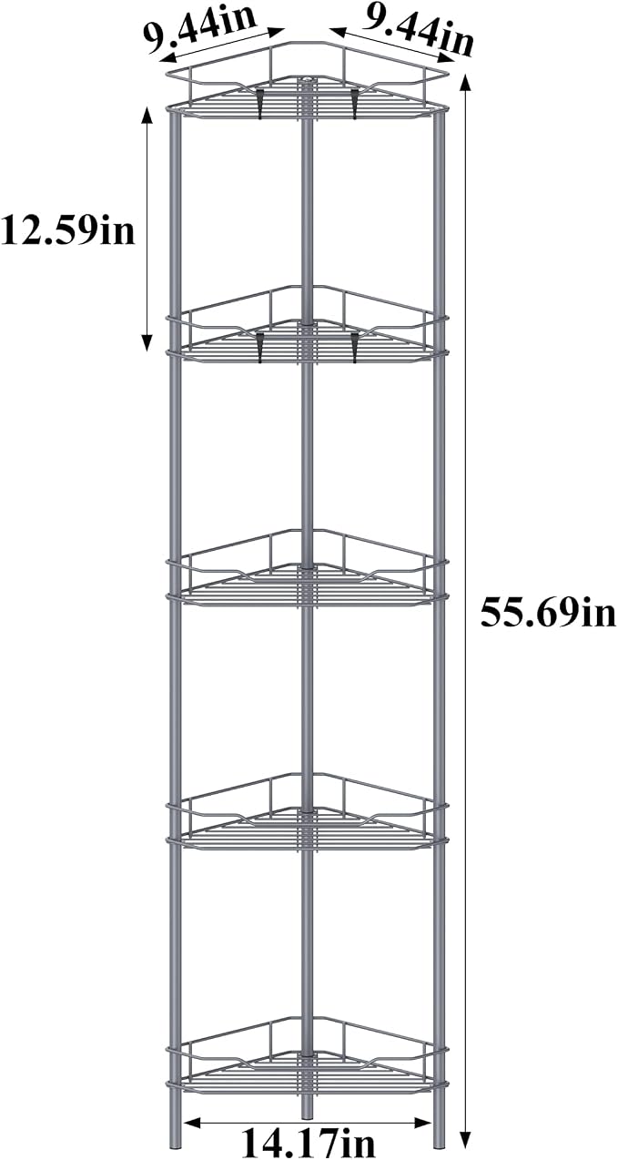 HuggieGems 5 Tier Floor Standing Corner Shower Caddy Organizer Shelf with Hooks, Bathroom Shelves Stand Rack, Dark Gray - Image 7