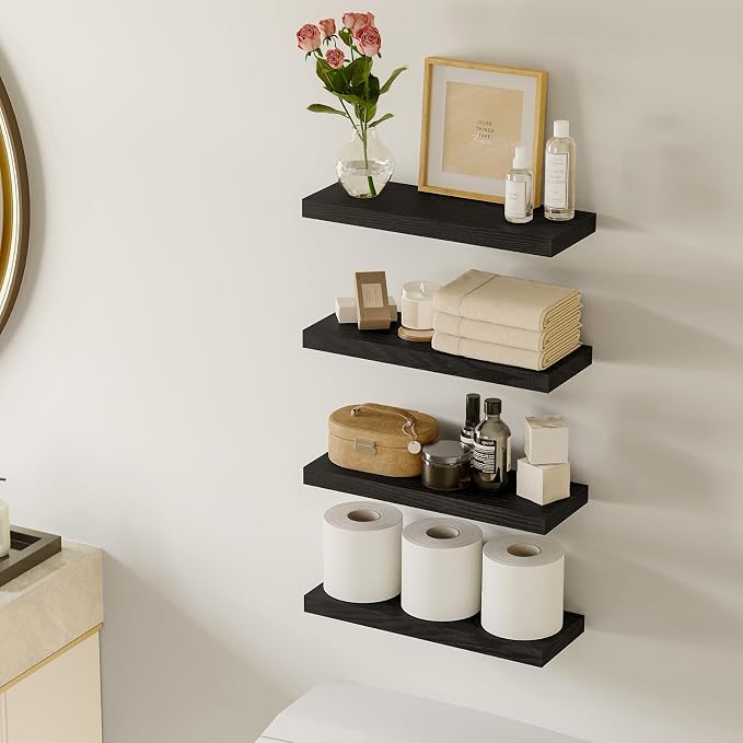Fixwal Black Floating Shelves for Wall, Rustic Wood Shelves for Bathroom, Living Room, Bedroom and Kitchen, Wall Shelves for Storage, Books, Room Decor (Set of 4, 15.8 Inch) - Image 2