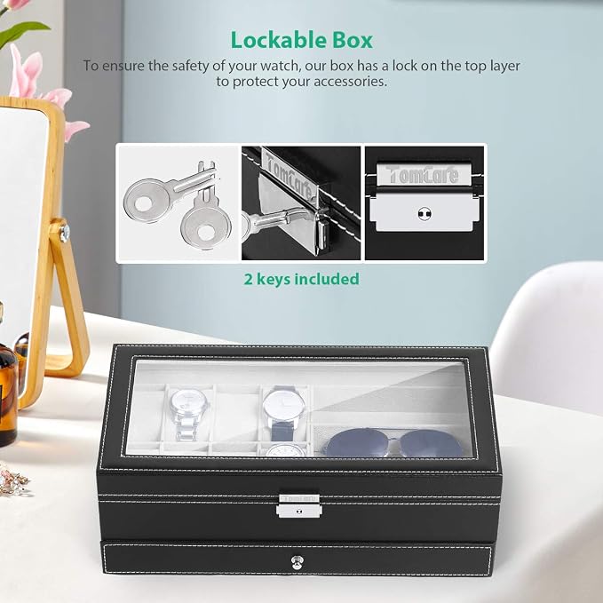 TomCare Watch Box Watch Case Jewelry Organizer Holder Jewelry Display Box Case Sunglasses Storage Organizer Lockable with Glass Top and PU Leather for Men Women, Black - Image 5
