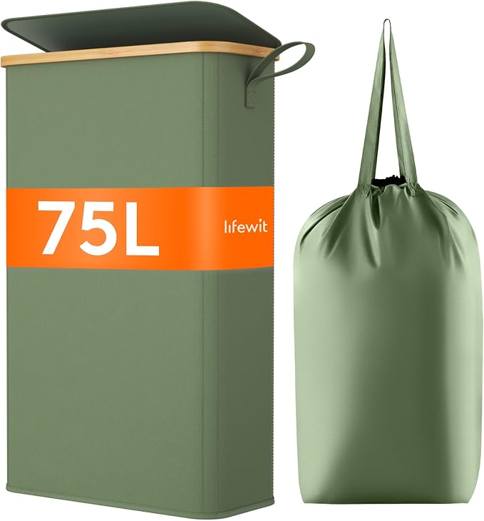 Lifewit 75L Slim Laundry Hamper with Lid, Narrow Laundry Basket with Removable Bag & Bamboo Handles, Fodable Thin Dirty Clothes Hamper for Laundry Collapsible Bin for Bathroom Bedroom Dorm, Green by Lifewit