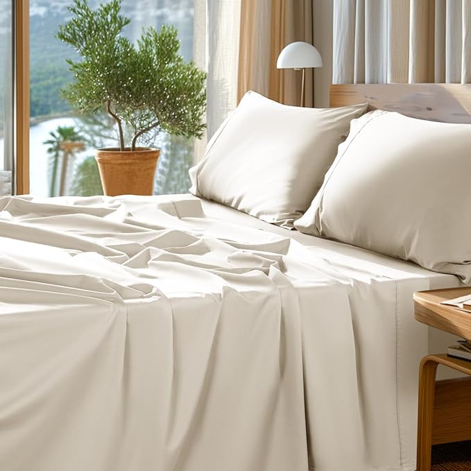 SONORO KATE 100% Egyptian Cotton Sheets Set - 1000 High Thread Count, Luxury 5-Star Hotel Sateen Bed Sheets, Soft, Breathable Long Staple Sheets, Fit up to 16" - 4 PC (Cream,King)