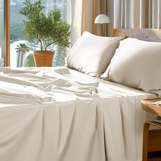SONORO KATE 100% Egyptian Cotton Sheets Set - 1000 High Thread Count, Luxury 5-Star Hotel Sateen Bed Sheets, Soft, Breathable Long Staple Sheets, Fit up to 16" - 4 PC (Cream,King)