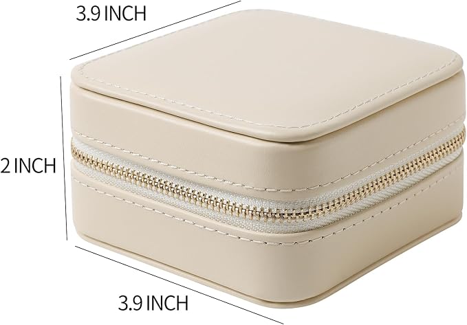 Genuine Leather Travel Jewelry Case Organizer with Mirror for Women, Small Jewelry Box Portable Mini Jewelry Case for Earring, Ring, Necklace, Bracelet(Beige) - Image 3