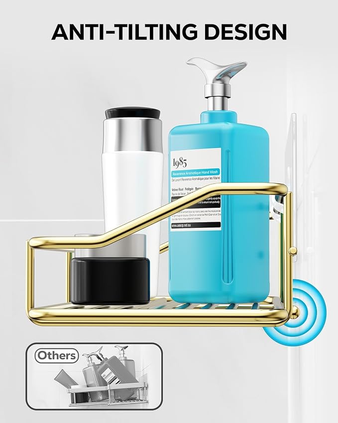 Nieifi Shower Caddy Shelf Storage Rack Adhesive Without Drilling Stainless Steel with Hooks for Washroom, Lavatory, Restroom, Toilet, Bathroom, Kitchen - 2 Pack, Golden - Image 6