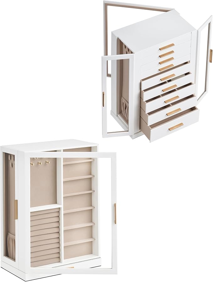 Glimmloop 360° Rotating Jewelry Box with 9 Drawers, Spacious Vertical Jewelry Organizer with Glass Window, Jewelry Storage Case, Dustproof & Moisture-resistant Design, White - Image 7