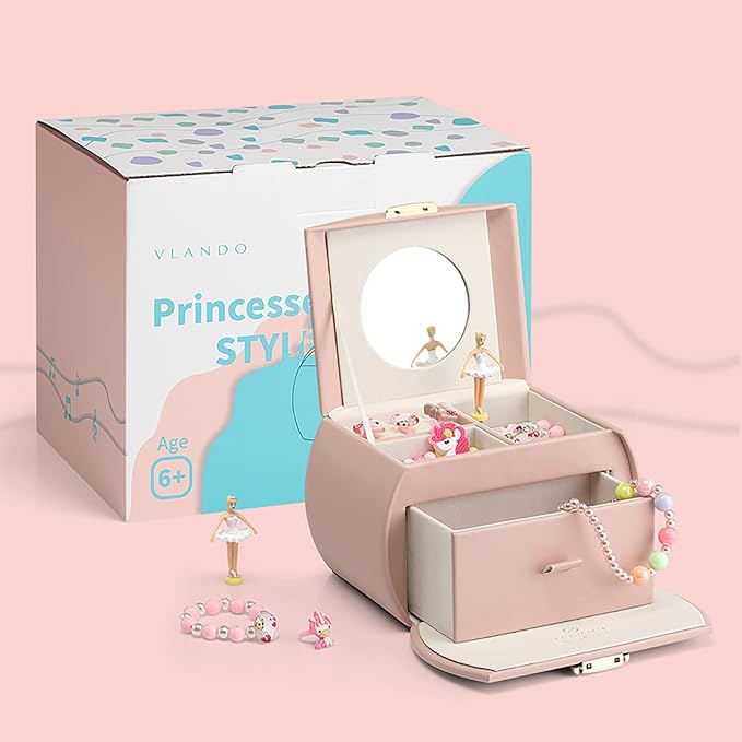 Vlando Musical Jewelry Box with Spinning Ballerina, Lockable Girls’ Jewelry Organizer for Necklaces Rings and Hair Accessories, Gift for Girls and Kids, Pink - Image 3