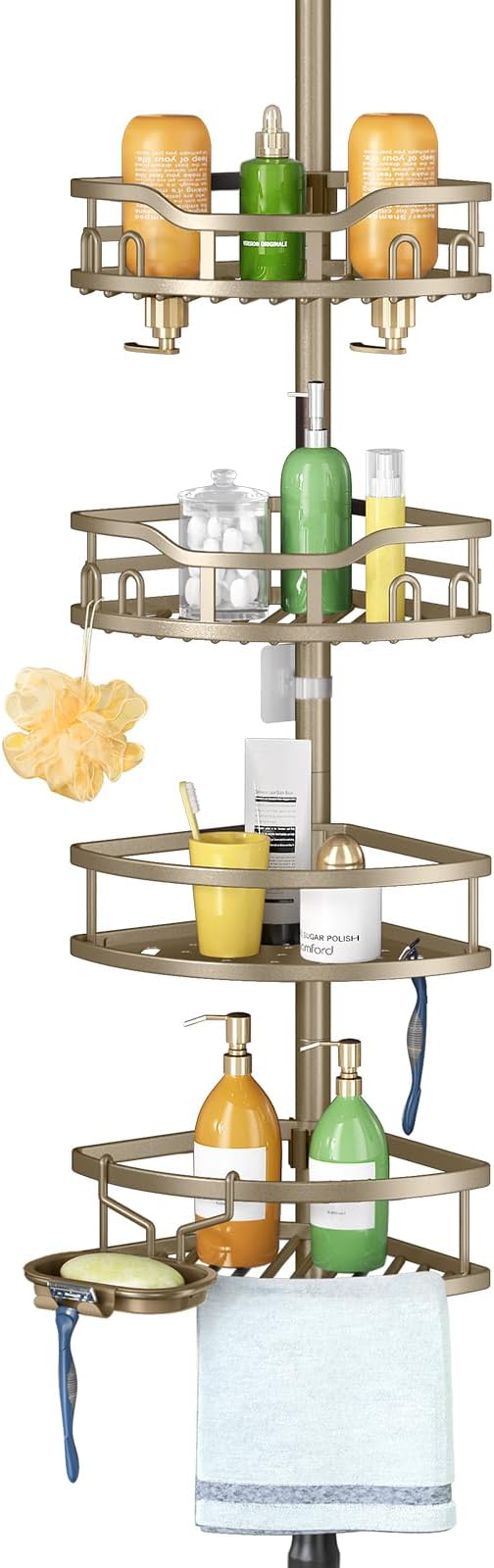 HAMITOR Corner Shower Caddy Tension Pole: Rustproof 4-Tier Bathroom Organizer Shelves for Bathtub Shampoo Storage - 47-121 Inch Quick Install Adjustable Rod Standing Rack with Soap Rack -Tan Khaki by HAMITOR