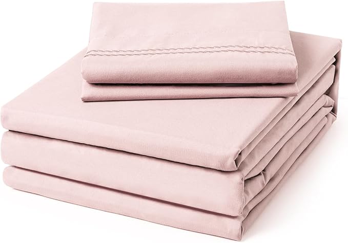 ClevaHome Twin Size Sheet Set - 4 Piece Soft Breathable Luxury Bed Sheet Set - Shrinkage & Fade Resistant Embroidered Bedding Sheet with Deep Pocket, 2 Extra Pillowcases (Twin, Barely Pink)