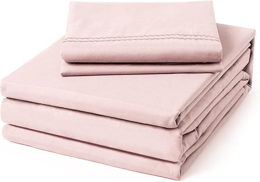 ClevaHome Twin Size Sheet Set - 4 Piece Soft Breathable Luxury Bed Sheet Set - Shrinkage & Fade Resistant Embroidered Bedding Sheet with Deep Pocket, 2 Extra Pillowcases (Twin, Barely Pink)