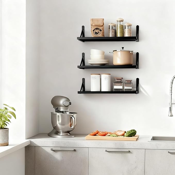 Fixwal Black Shelves for Wall, Wood Wall Mounted Floating Shelves for Bedroom, Bathroom, Living Room, Kitchen Storage and Decor(Black, Set of 3, 16.5 Inch) - Image 7