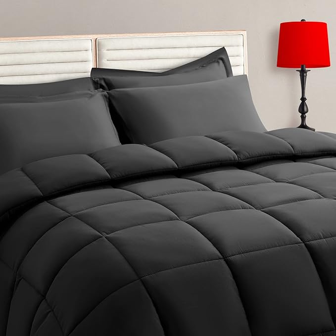 TAIMIT Dark Grey Twin Size Comforter Set - 5 Pieces, Bed in a Bag Bedding Sets with All Season Soft Quilted Warm Fluffy Reversible Comforter,Flat Sheet,Fitted Sheet,1 Pillow Shams,1 Pillowcases