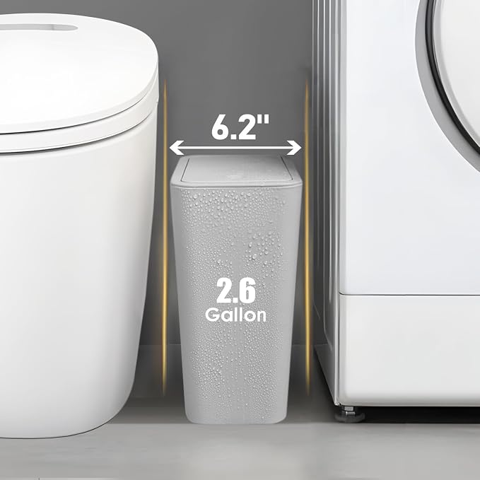 TIPGO Bathroom Trash Can with Lid, 10 Liter/ 2.6 Gallon Slim Garbage Can, Small Trash Bin Waste Basket with Pop-Up Lid for Kitchen, Bedroom, Living Room, Office (2 Pack, Grey) - Image 2
