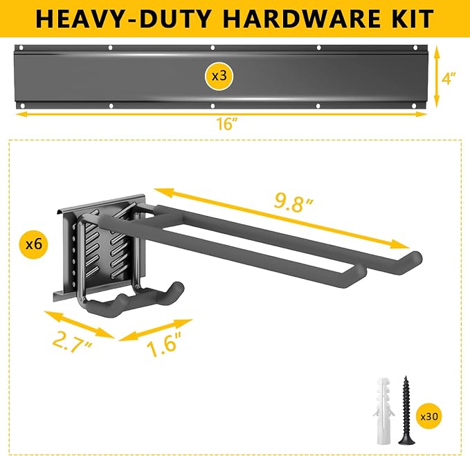 Garage Tool Organizer Wall Mount, 48inch Heavy-Duty Garage Storage System and Garden Tool Organizer with 6 Adjustable Double Hooks for Shovel, Snowboard, Yard Tools and Shed - Image 5