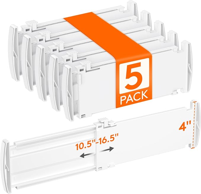 Lifewit 4" Tall 5 Pack Drawer Dividers, 27-42cm/10.5-16.5" Expandable Drawer Divider for Clothes, Adjustable Dresser Drawer Organizers, Drawers Separators for Dresser/Bathroom/Closet/Kitchen White by Lifewit