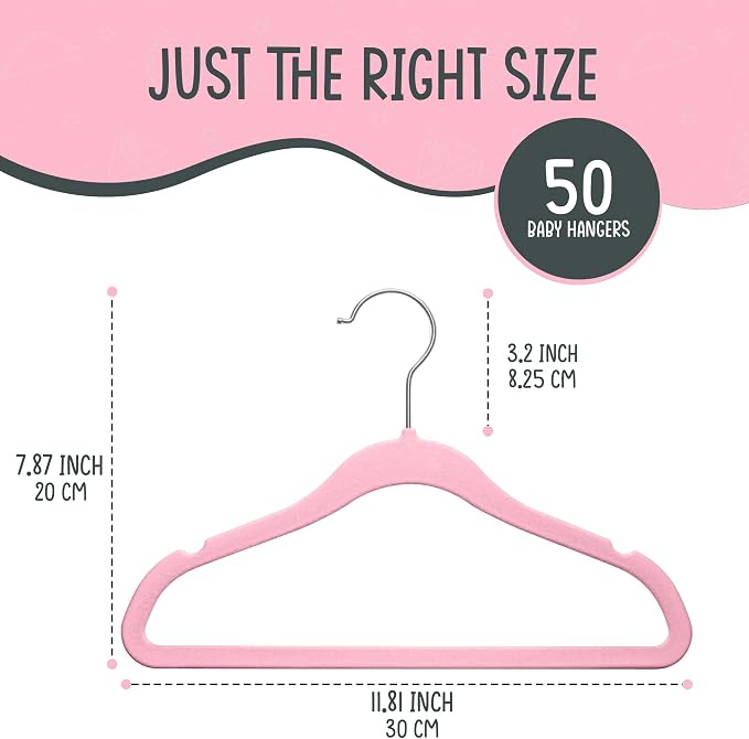 TechZoo 50 Premium Baby Velvet Hangers - 11.8 Inches Non-Slip & Ultra-Slim Baby Hangers for Space-Saving & Children Clothes - 360 Swivel Hook, Strong & Durable Infant & Toddler Clothes Hanger - Pink - Image 3