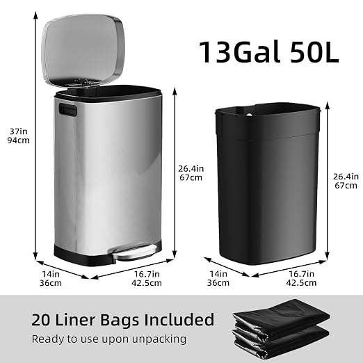 KUK 13 Gallon/50L Stainless Steel Kitchen Trash Can with Lid and Step Pedal-Large Capacity Garbage Bin with Odor Seal, Silent Close Lid, Removable Inner Bucket for Home, Kitchen, Bedroom, Office - Image 7