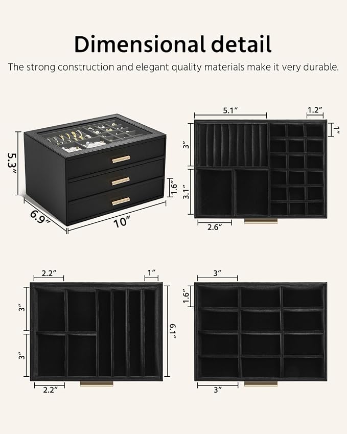 AKOZLIN Jewelry Box with Clear Lid Functional Leather Jewelry Storage Organizer Case 3 Drawers for Women Girls Necklace Ring Bracelet Earring - Image 3